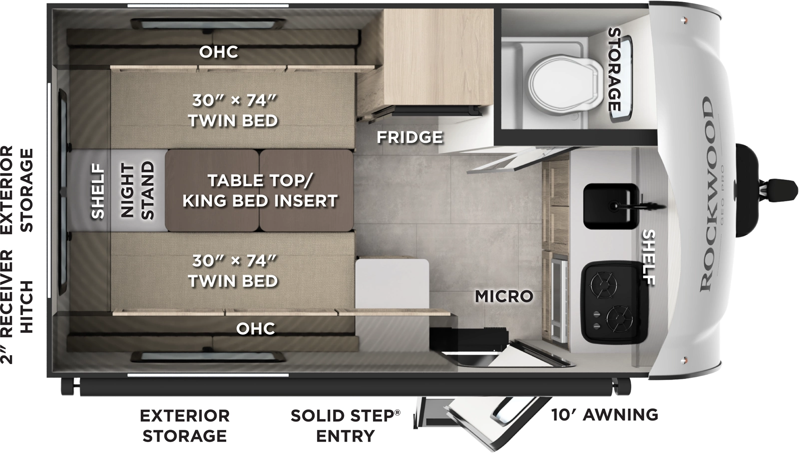 The Rockwood Geo Pro G15LE floorplan has one entry and zero slide outs. Exterior features include: fiberglass exterior and 10' awning. Interiors features include: rear bedroom.